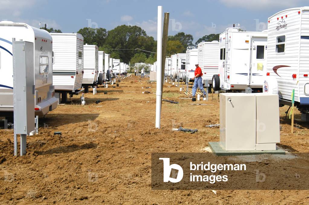 Trailers outside Baker Louisiana will provide temporary housing Hurricane Katrina victims. Four weeks after the storm battered the area the trailers were still uninhabited as they await final utility connections. Sept. 26 2005