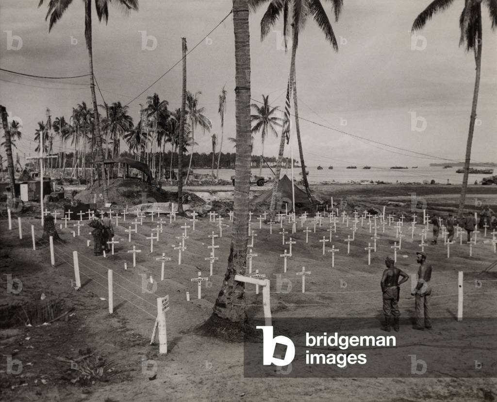 Torokina Cemetery for Marines killed Bougainville Island, in combat against the Japanese. Jan. 13, 1944. Several Marines are among the white crosses bearing names of the fallen