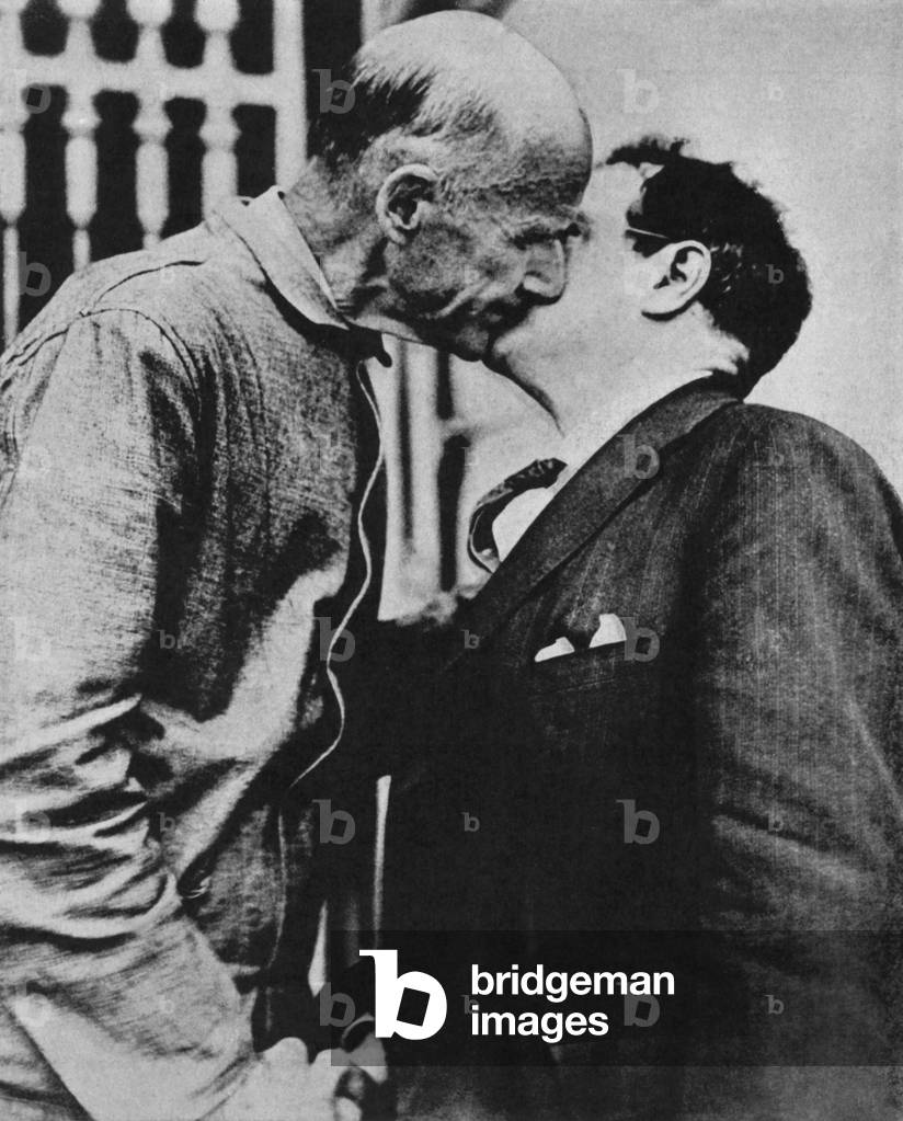 Seymour Stedman, and Eugene Debs shake hands and kiss at Atlanta Federal Penitentiary, 1920. Stedman notified Debs of his nomination as the Socialist Party's nominee for President, for which he ran from jail and won almost one million of 27 million votes cast. Leftist Labor Leader and Socialist politician Eugene Debs was serving a 10-year sentence for publicly opposing U.S. entry into World War 1