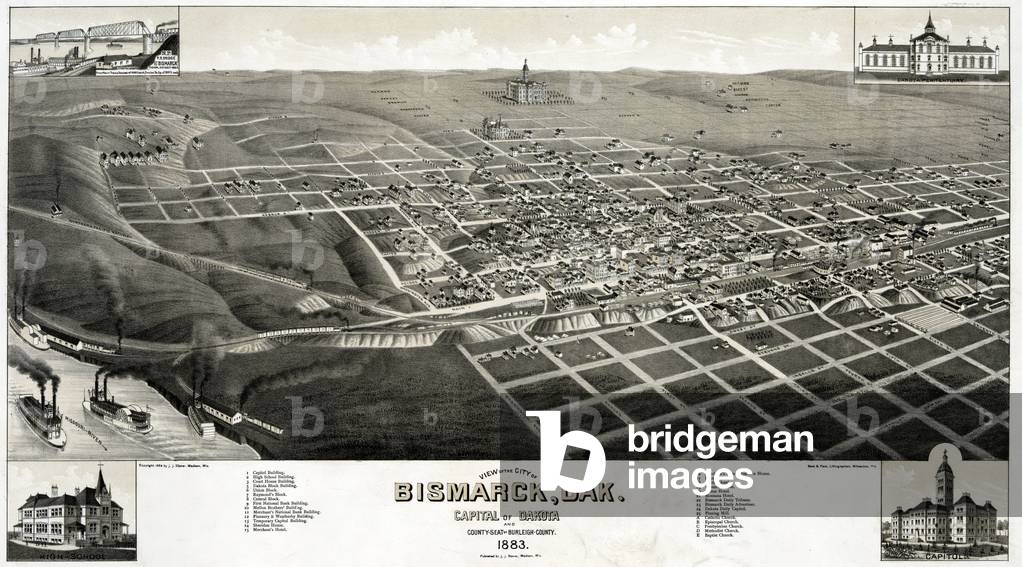 Bismarck, North Dakota, the capital of the Dakota Territory. color lithograph, 1875