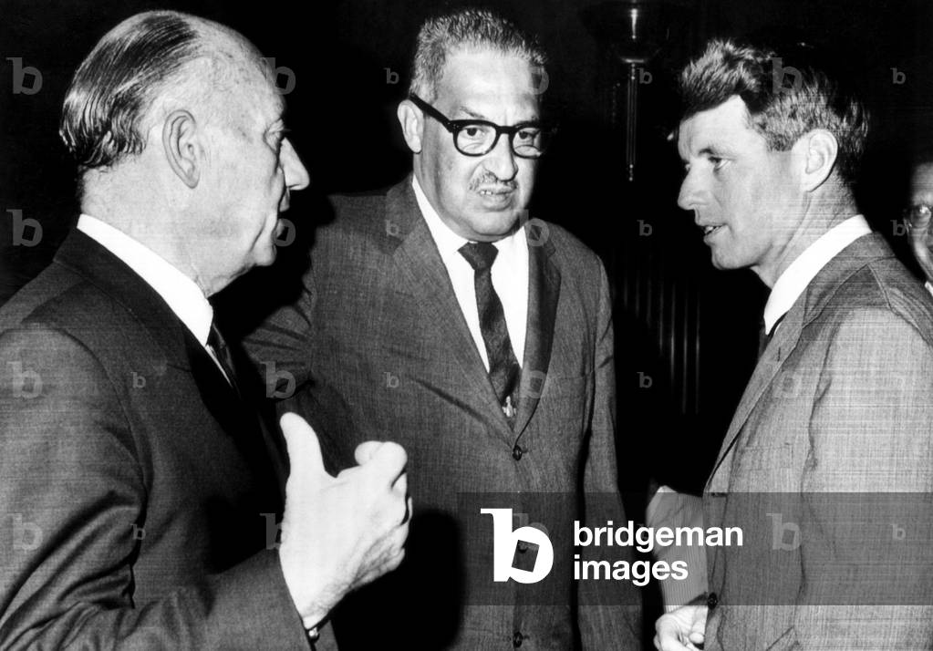 Jacob Javits, Thurgood Marshall, and Robert F. Kennedy, as Marshall is assured confirmation as U.S. Solicitor General. July 29, 1965