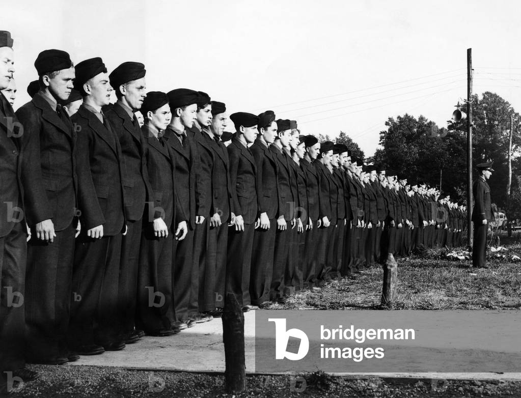 Memebrs of Company 356-SP6 of the Civilian Conservation Corps' Camp Montgomery display their new uniforms. Garett Park, Maryland.ca 1939