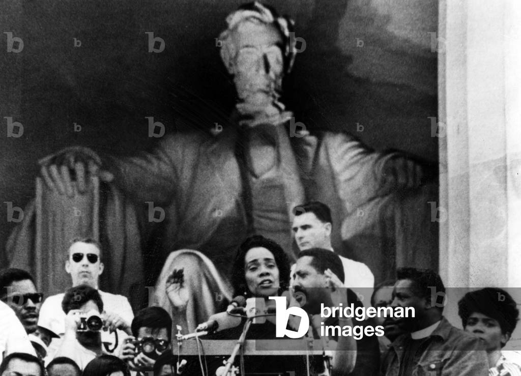 Coretta Scott King addresses 'Solidarity Day' rally in front of the Lincoln Memorial, Washington, D.C., June 19, 1968.