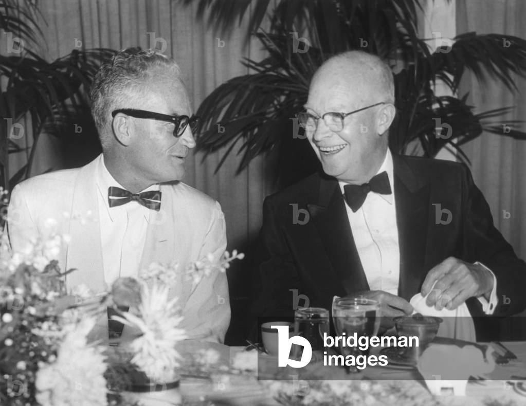 President Eisenhower with Arizona Senator Barry Goldwater. They talk at a testimonial dinner to honor Republicans in Congress. June 8, 1959. Sheraton Park Hotel.