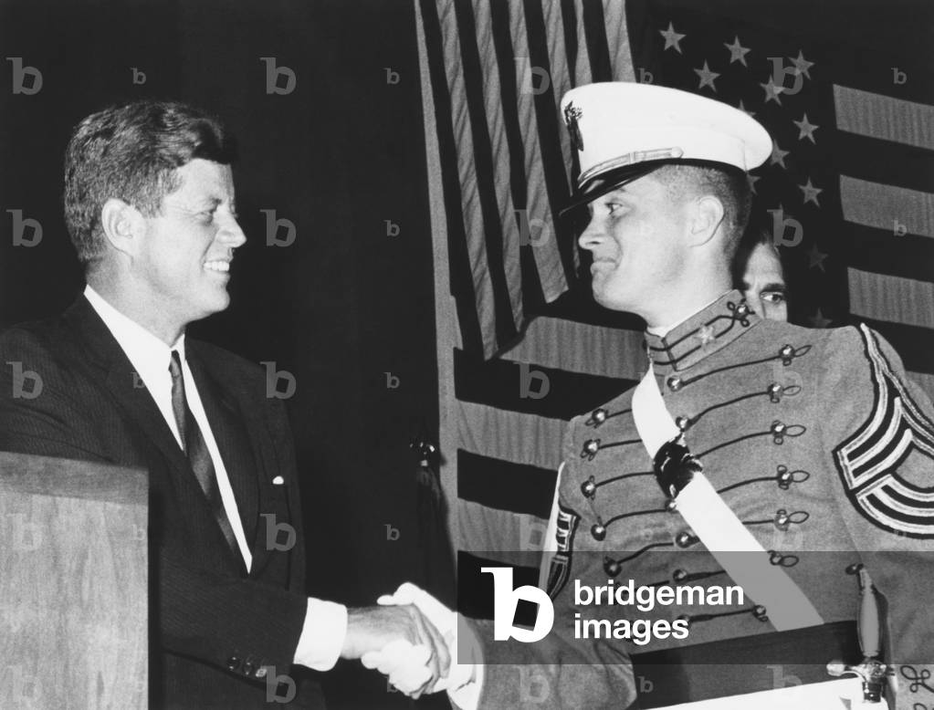 President Kennedy shakes hands with Cadet John H. Fagan Jr. at West Point. Fagan was named the No.1 man in General Order of Merit in the Military Academy's graduating class of 1962