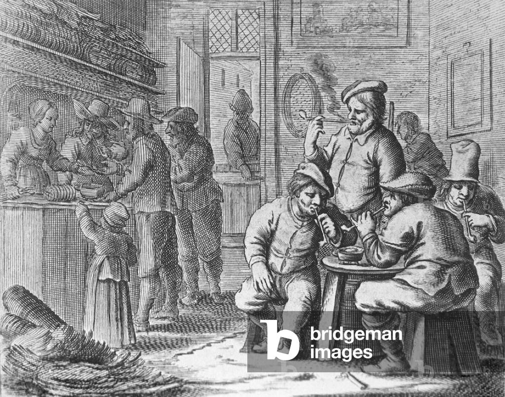 Dutch tobacco shop. Four men are gathered around a table smoking long-stemmed pipes; at left, two men with a child purchase tobacco at the shop counter. With European adoption of smoking, tobacco became the economic foundation of the British North American colonies in the 17th century