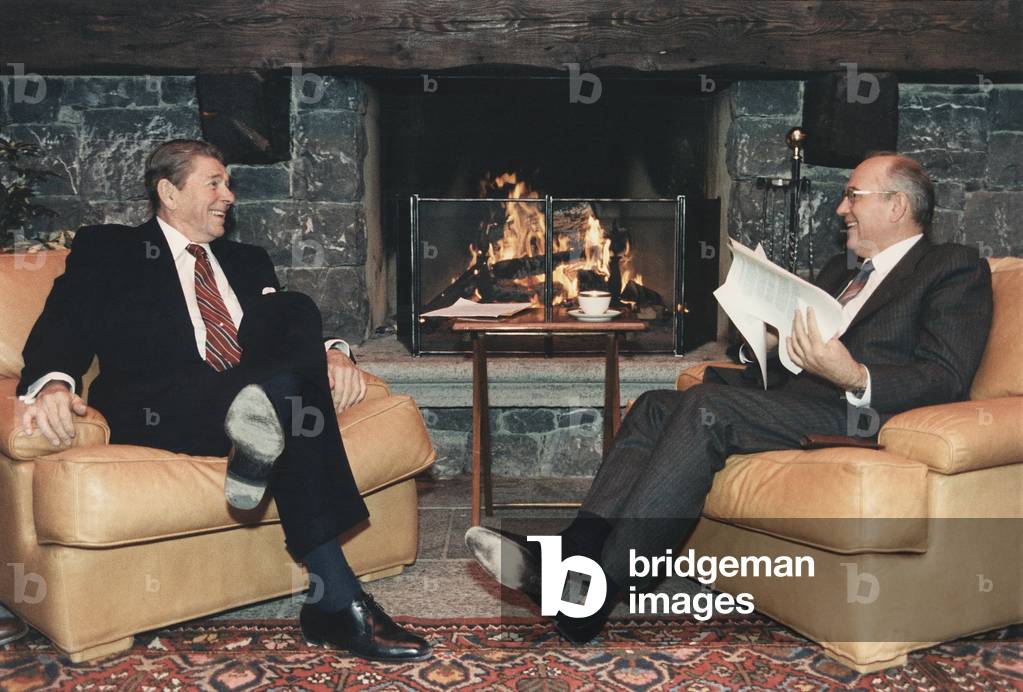 President Reagan and General Secretary Gorbachev at the Summit in Geneva appearing relaxed during what was actually a contentious first summit meeting. on Nov. 11 1985