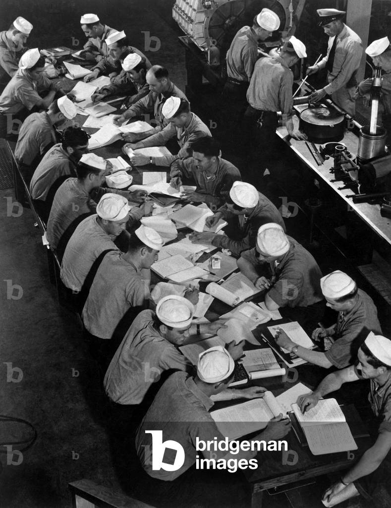 Seamen in the diesel lab at submarine training school, New London, Conn. August 1943 during World War 2
