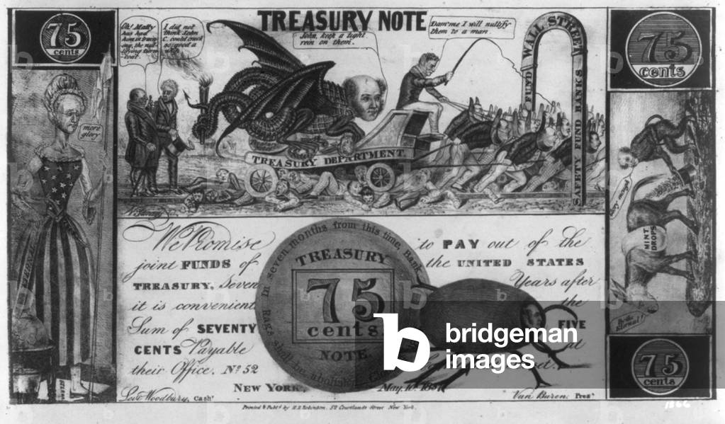 The Panic of 1837. Political cartoon mocking temporary bank notes. 1837