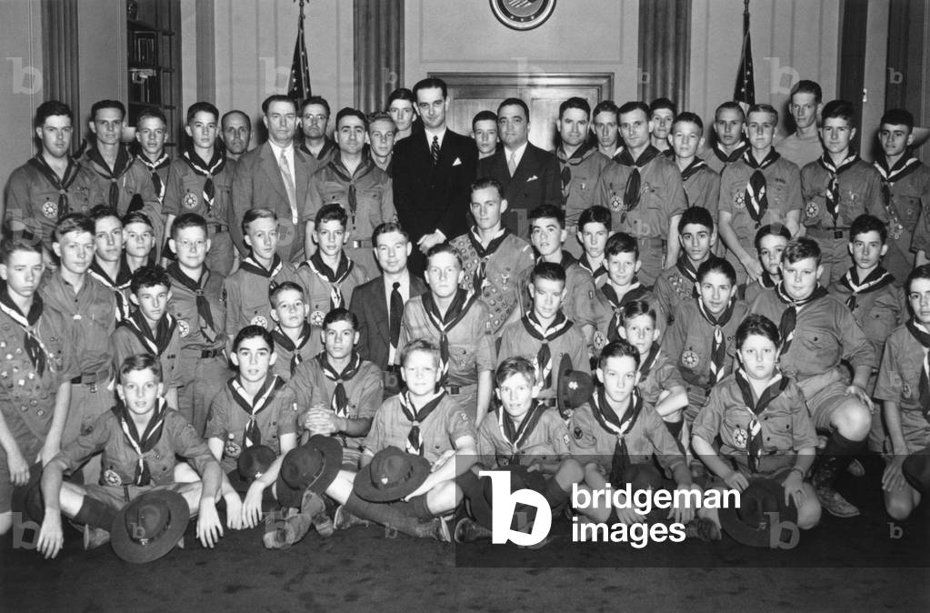 Congressman Lyndon Johnson and FBI Director J. Edgar Hoover with Texas Boy scouts, c. 1937-39.