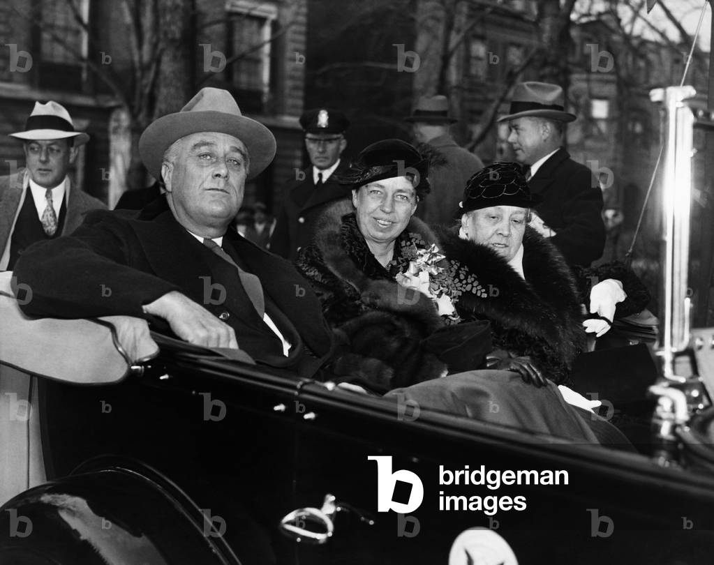 FDR Presidency. From left: US President Franklin Delano Roosevelt, First Lady Eleanor Roosevelt, Sara Roosevelt, en route to Christmas Day services, December 25, 1934