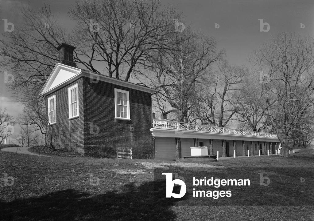 Monticello, the home built by Thomas Jefferson in the 1770s. South service wing which housed a kitchen, smoke house, food and wood storage as well as quarters for the head cook. 1978