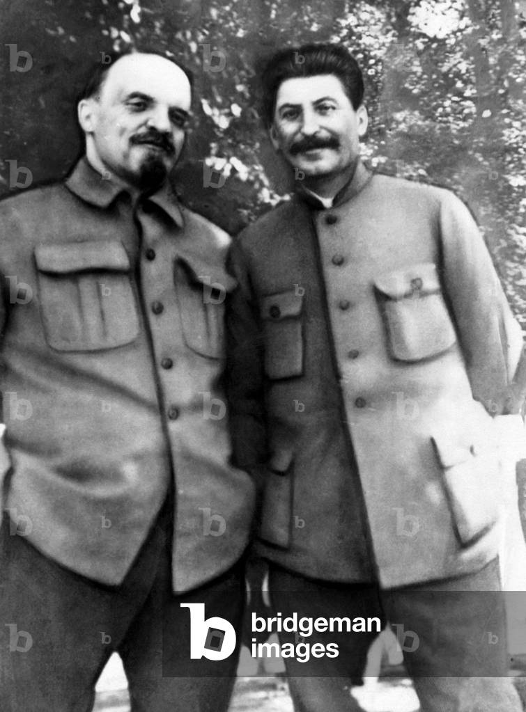 Soviet Premier Vladimir Lenin, and future Soviet Premier Joseph Stalin (from 1922, general secretary of the Communist Party), Russian communist politicians, pose for an amateur photographer in Gorky. c. 1923