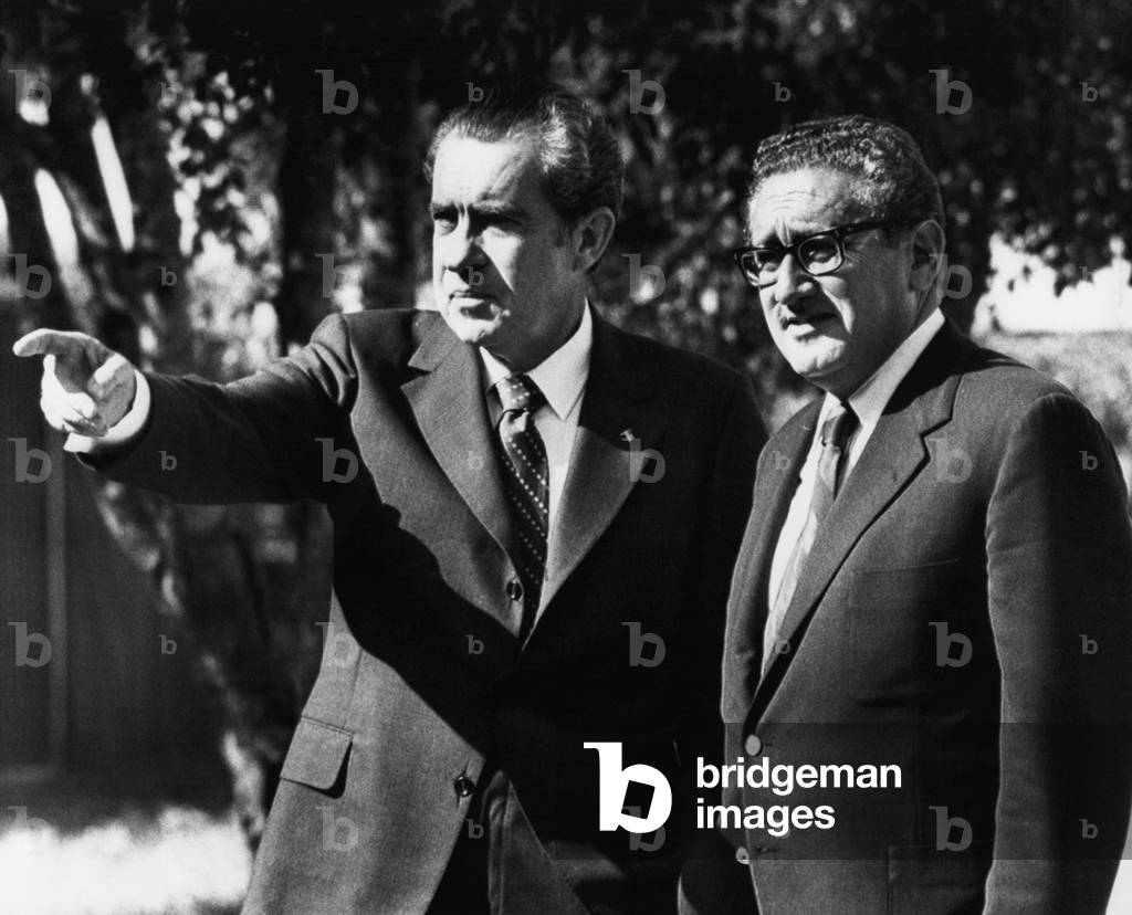 1972 US Presidency, Cabinet. US President Richard Nixon and Secretary of State Henry Kissinger at Nixon's Florida retreat. Florida, 1972