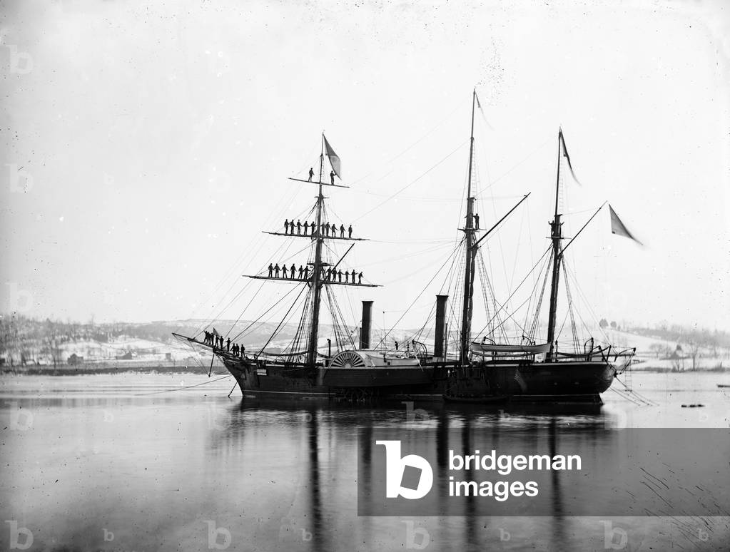 The Civil War, Washington, District of Columbia, Brazilian Steam Frigate at Navy Yard, Yards manned on the occasion of the President's visit, January 1863, from glass negative, by Alexander Gardner, October 3, 1862