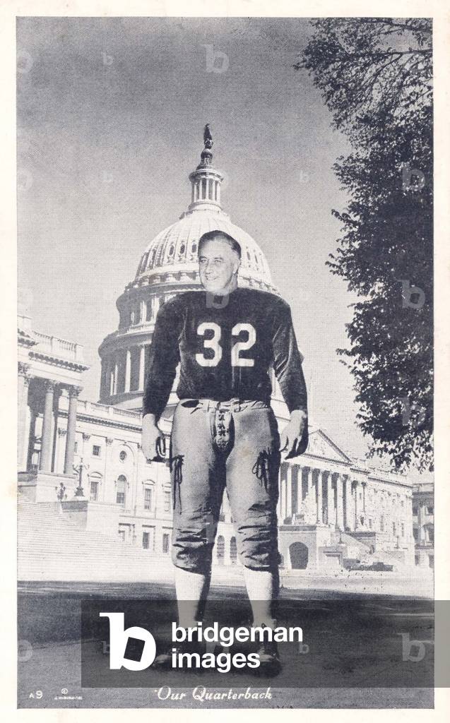 FDR as a quarterback on a postcard made by Hilborn Novelty Advertisement. c. 1940