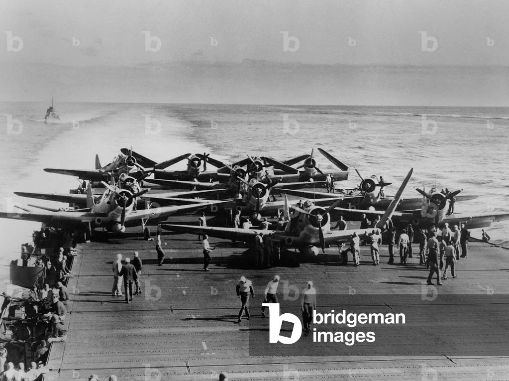 Battle of Midway, June 4-6, 1942 during World War 2. TBD-1 torpedo bombers on the USS Enterprise begin their launch to attack four Japanese aircraft carriers on June 4, 1942. 10 of the 14 planes would be lost in an unsuccessful attack