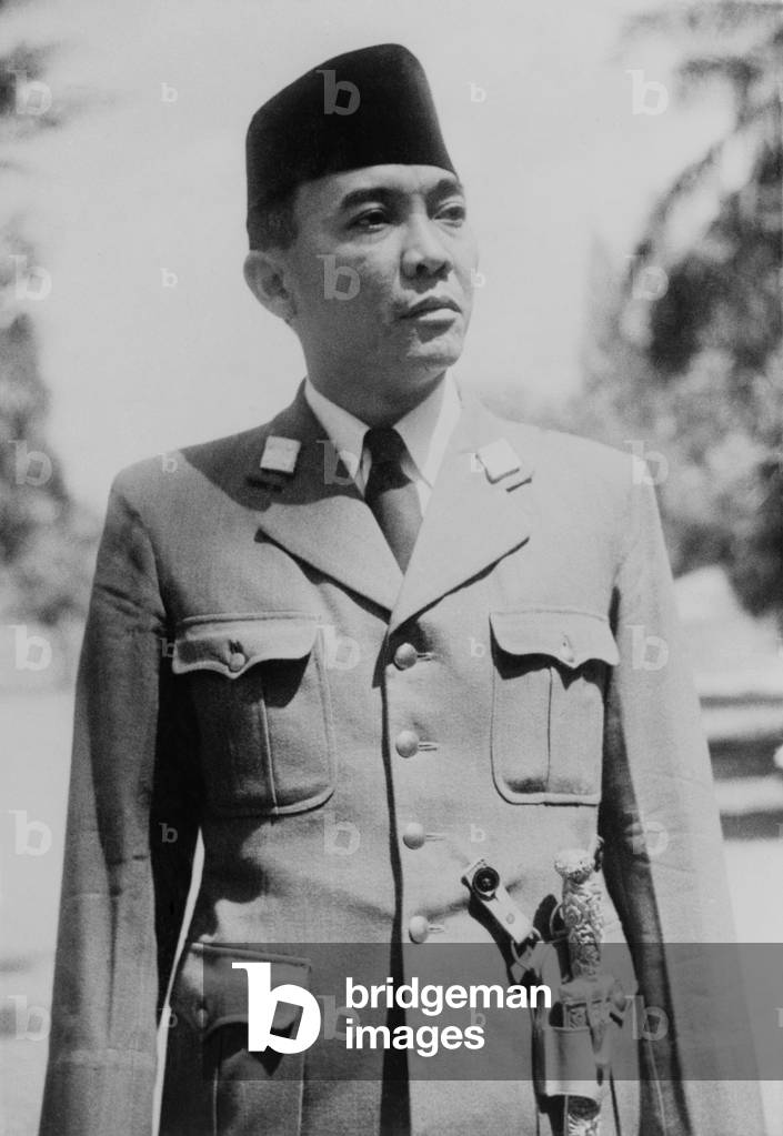 President Sukarno of the new Republic of Indonesia in 1945. After the Japanese surrender, Sukarno and Mohammad Hatta declared Indonesian independence on August 17, 1945. He led the revolution that ousted the Dutch in 1949.
