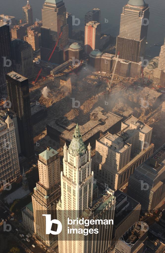 Aerial view of Ground Zero from the northeast with the Woolworth Building, Oct. 4, 2001. World Trade Center, New York City, after September 11, 2001 terrorist attacks