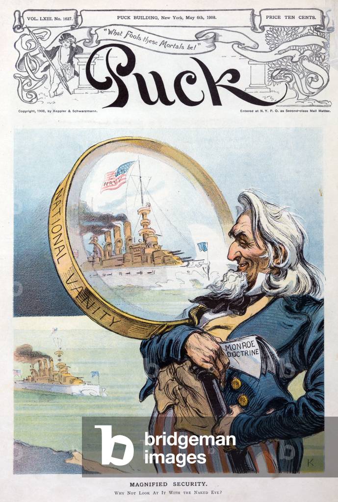 The Great White Fleet. Illustration shows a gigantic Uncle Sam examining a battleship of the US Navy's 