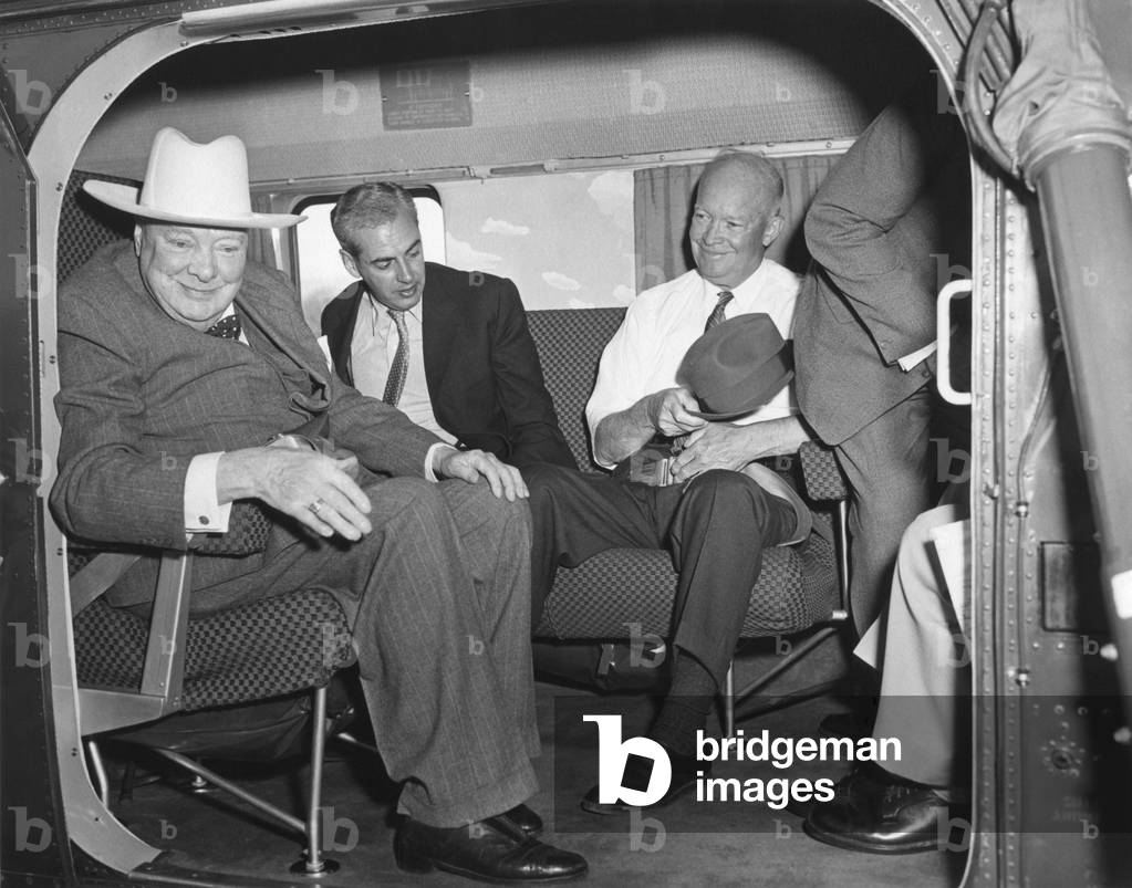 Former Prime Minister Winston Churchill in President Eisenhower's Marine Helicopter. May 6, 1959.