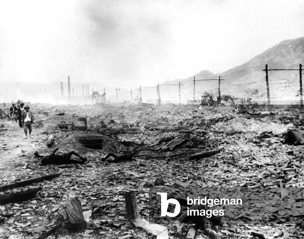 World War II, charred bodies laying amongst the destruction from the Atomic Bombing of Nagasaki, Japan, 09/06/45