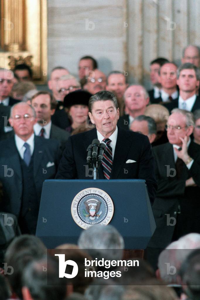 President Reagan delivers his second inaugural address after being sworn in at the Capitol rotunda on a frigid inauguration day. Jan. 21 1985