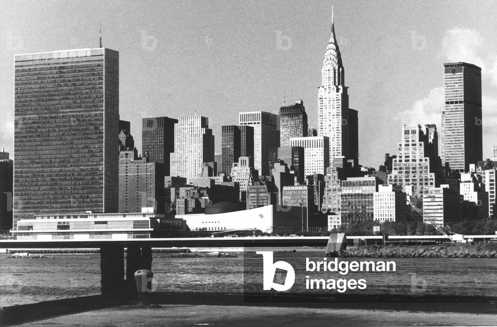 New York City Skyline, view from the East River, (L) the United Nations Building, (C) the Chrysler Building and (R) the Pan Am Building, October 22, 1969