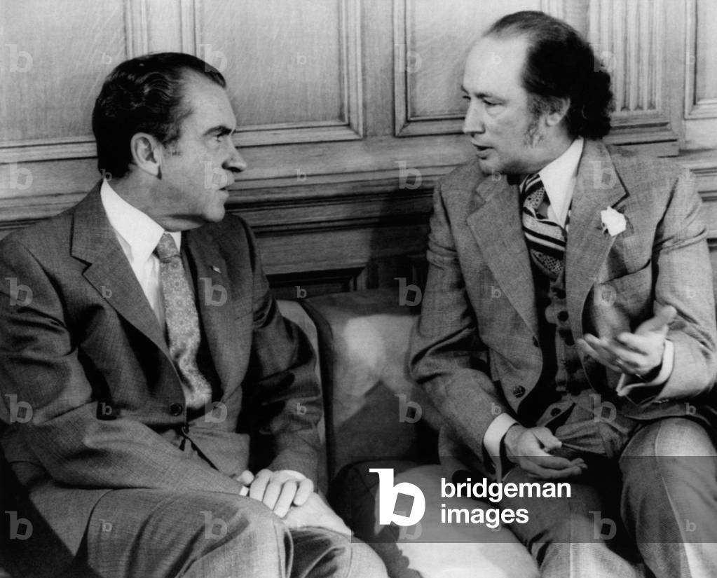 1972 US Presidency, International Relations. US President Richard Nixon meeting with Canadian Prime Minister Pierre Trudeau in Ottowa, Ontario, Canada, 1972