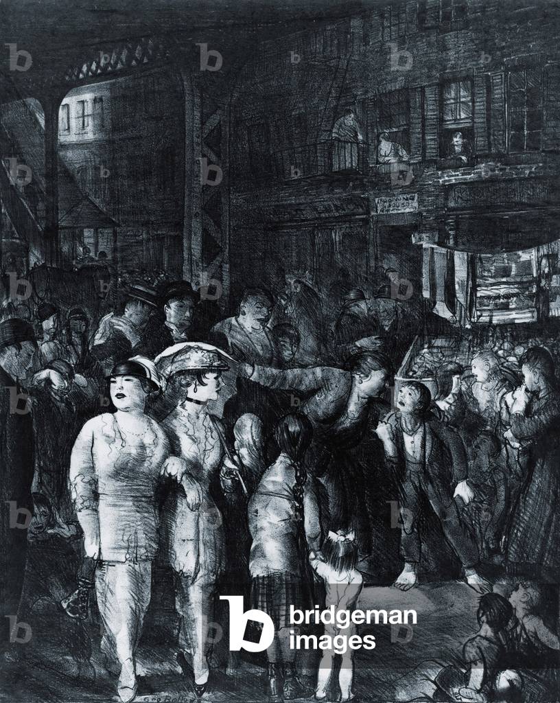 THE STREEET, 1917, a lithograph by realist American artist, George Bellows, who often depicted scenes from lower class urban life