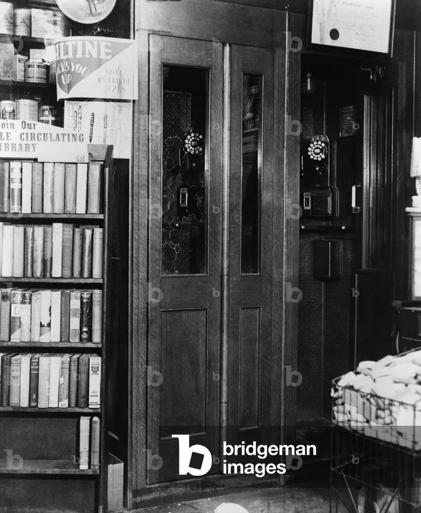 The telephone booth in which Vincent 'Mad Dog' Coll was murdered by assassins working for Dutch Schultz on February 8, 1932