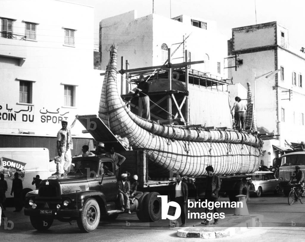Thor Heyerdahl's second papyrus reed boat, the 'RA II' is taken to Safi Port in Morocco. 'RA II' sailed from Safi Port on May 17, 1970 and reached Barbados in 57 days