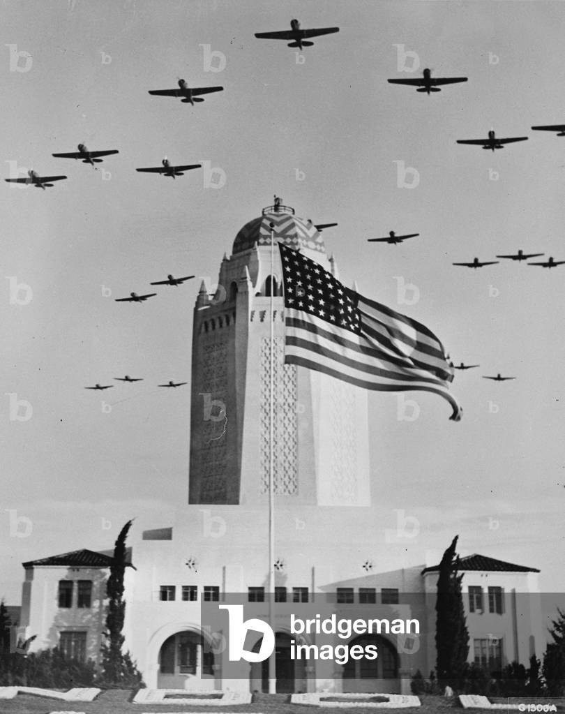 World War II, Warbirds and the 170 foot tower of the administration building of Randolph Field, Texas, c.1942