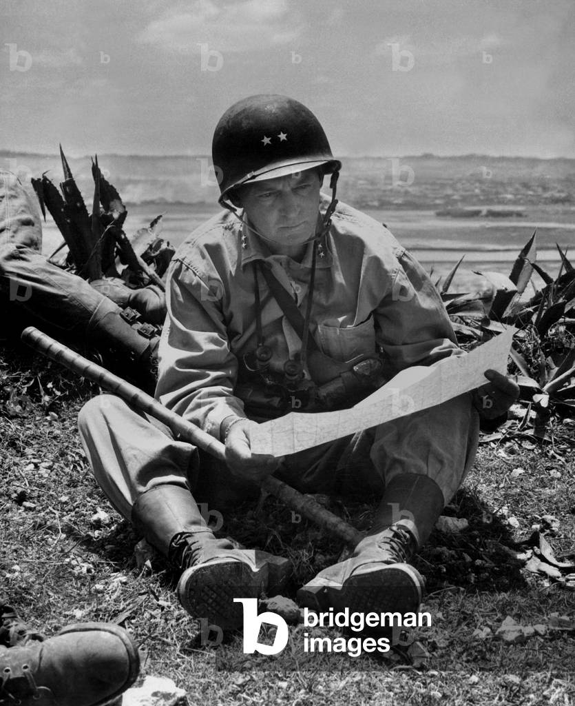 Marine Maj. Gen. Lemuel Shepherd, commander of the 6th Marine Division on Okinawa. In the distance is the captured capital of Naha. June 10, 1945. World War 2