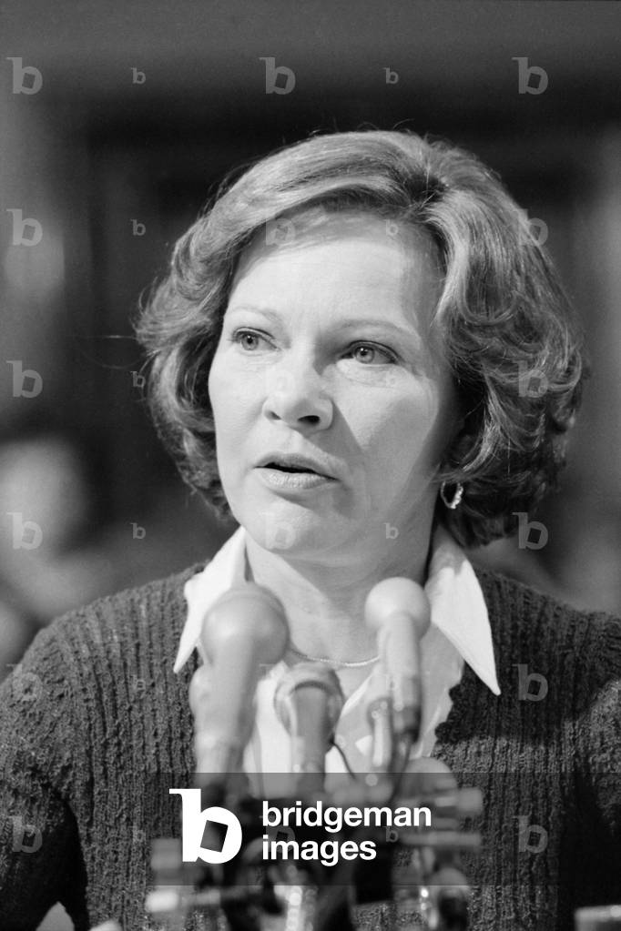 Rosalynn Carter testifies before Senate Subcommittee on Health to lobby for the Mental Health Systems Act. She advocated Community Mental Health Centers allowing the mentally ill to remain in their home communities with minimal hospitalization. May 15 1979