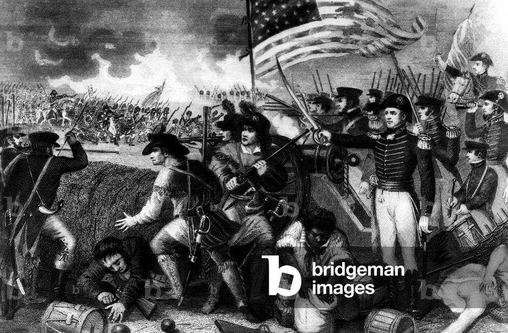 The Battle of New Orleans with Andrew Jackson at the barricade. c. 1810s.