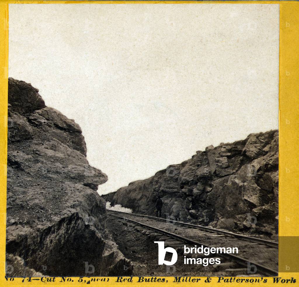 Cut No. 5, railroad tracks running through channel cut in rocks near Red Buttes, Albumen print, photo by Andrew J. Russell, 1868