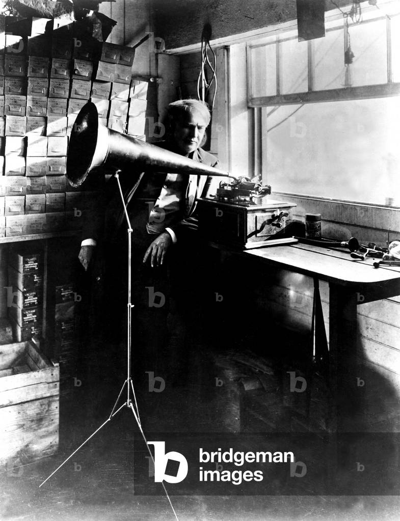 Thomas Edison with his new invention, the phonograph. Undated photo.