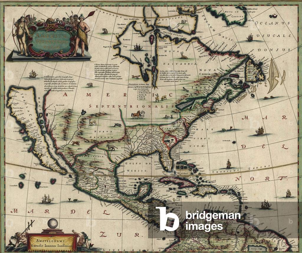 North American map created in 1652 showing California as an island. Spanish possessions in Mexico, Central and South America are well defined, while most of the interior North is still unknown territory
