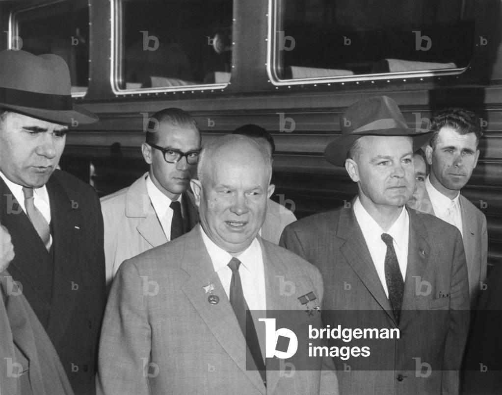 Soviet Premier Nikita Khrushchev and his traveling party before departing for New York City. Sept. 17, 1959. At far left is Andrei Gromyko, Foreign Minister of USSR.