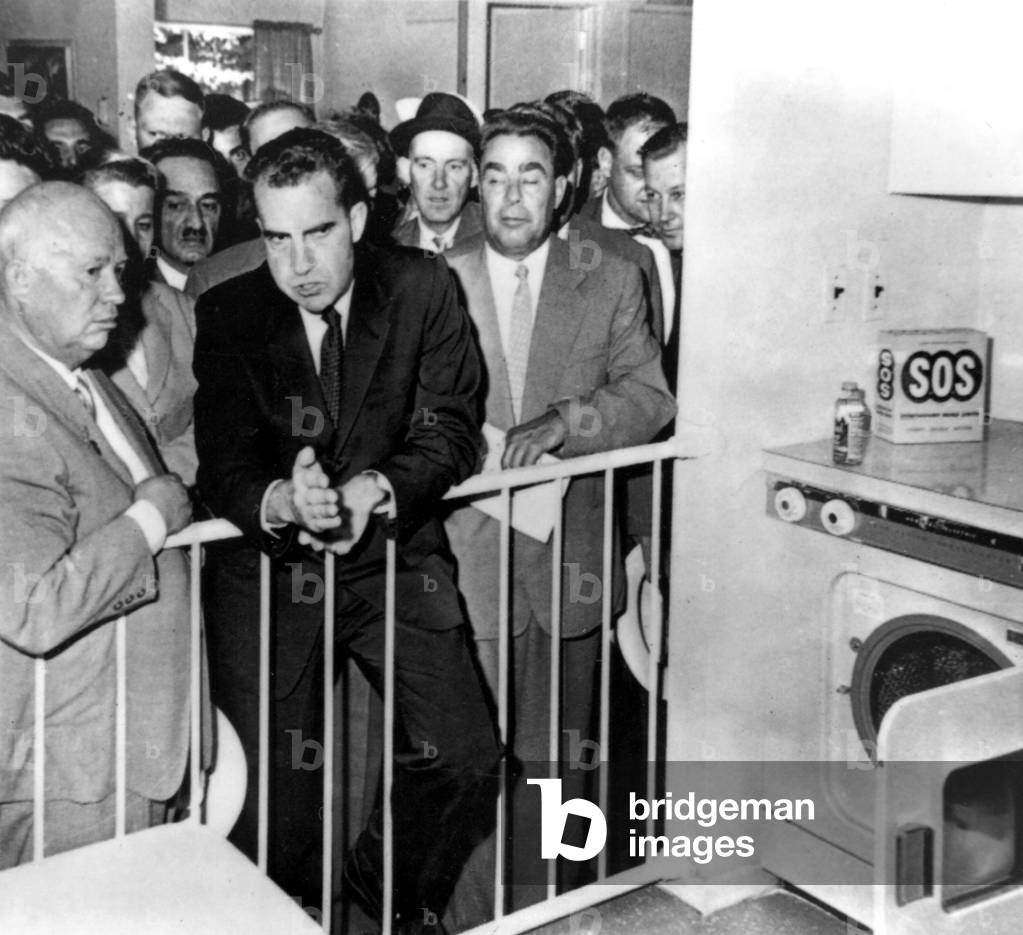 Nikita Khrushchev, Richard Nixon, Leonid Brezhnev during the 'Kitchen Debate,' 1959