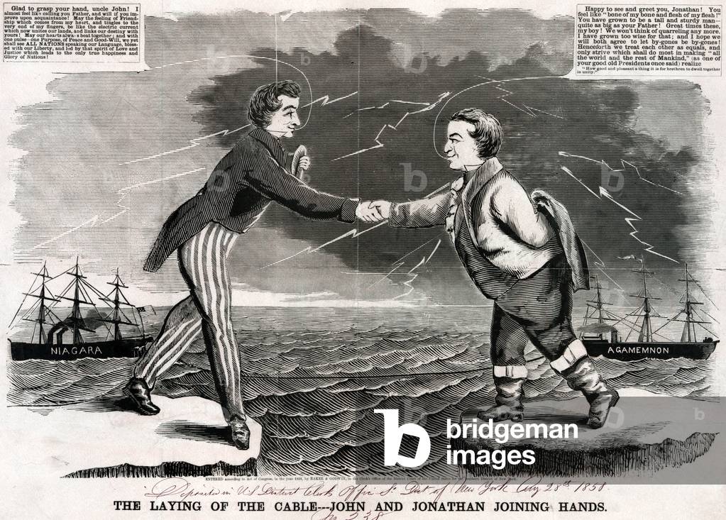 Telegraph. Woodcut of the first transatlantic telegraphic message between the United States and Great Britain. Uncle Sam and John Bull shake hands across the sea. 1858
