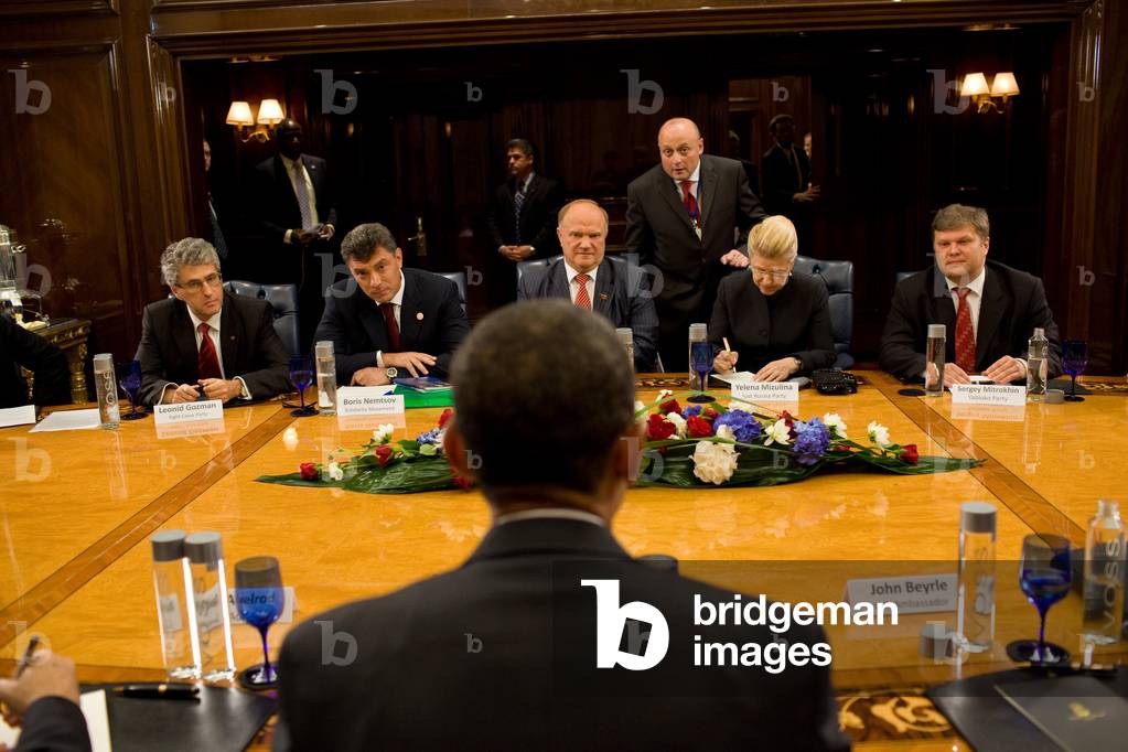 President Obama meets with Russian opposition leaders in Moscow on July 7 2009. L to R Leonid Gozman Boris Nemtsov Gennady Zyuganov Yelena Mizulina Sergey Mitrokhin. (BSWH_2011_8_270)