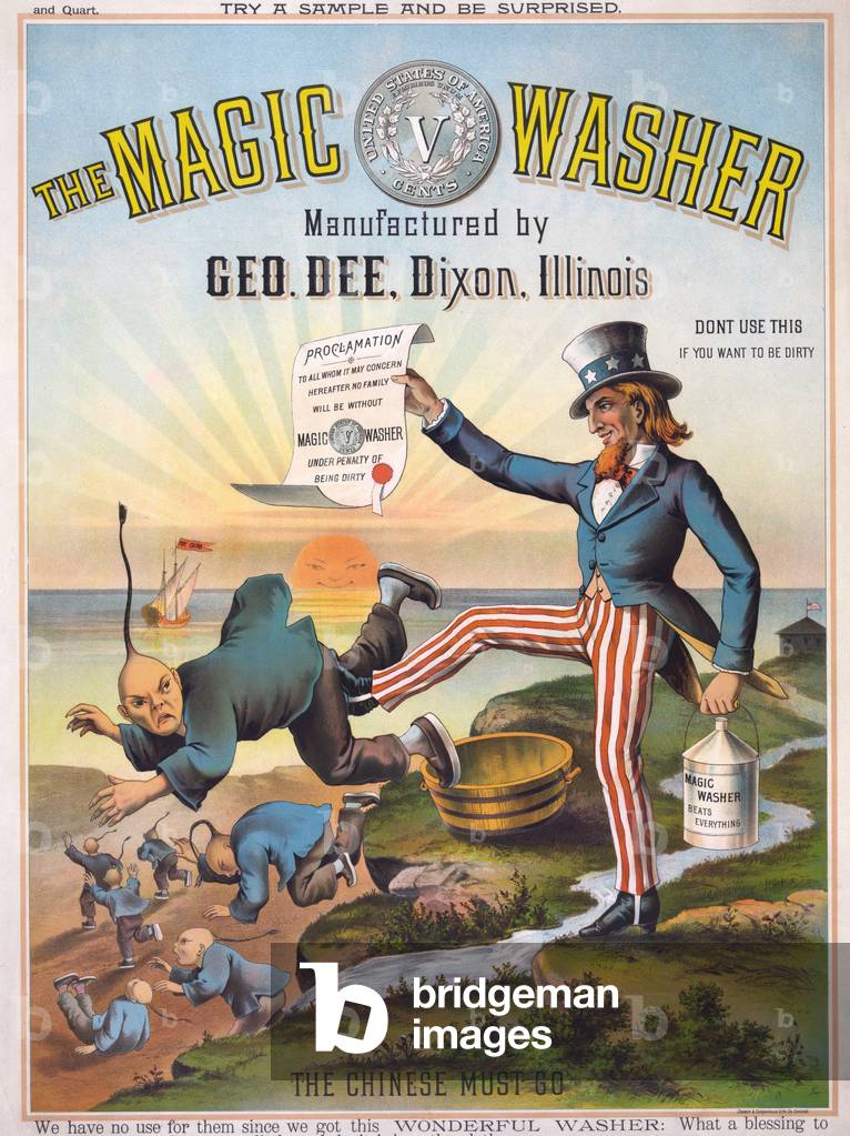Advertising for a cleaning product depicting Uncle Sam hunting a Chinese (print)