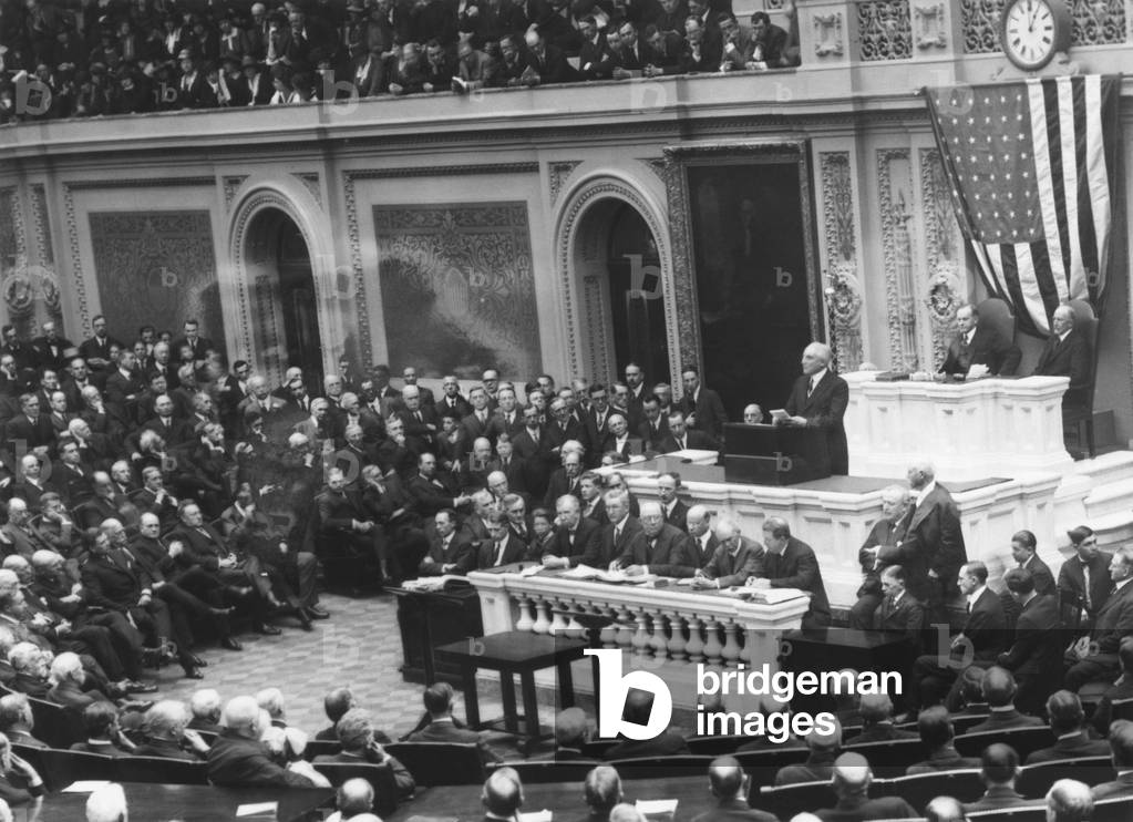 President Warren Harding before a Joint Session of Congress, April 12, 1921. He presented an outline of his administration's foreign and domestic policy. He was against U.S. membership in the League of Nations