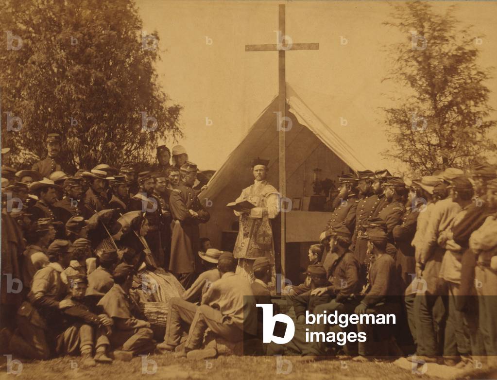 Irish-American soldiers of the 69th New York State Militia, attend Sunday morning mass in camp in Washington, D.C. area, during the first year of the U.S. Civil War. 1861