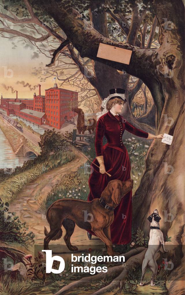 Stock poster for tailors, showing a woman in riding clothes placing a letter in the hollow of a tree; a sign nailed to the tree is blank for later printing, and in the distance is the Broadhead Worsted Mills of Jamestown, New York, 1886 (poster)
