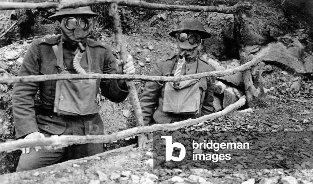 World War I: Soldiers wearing gas masks, 1918.