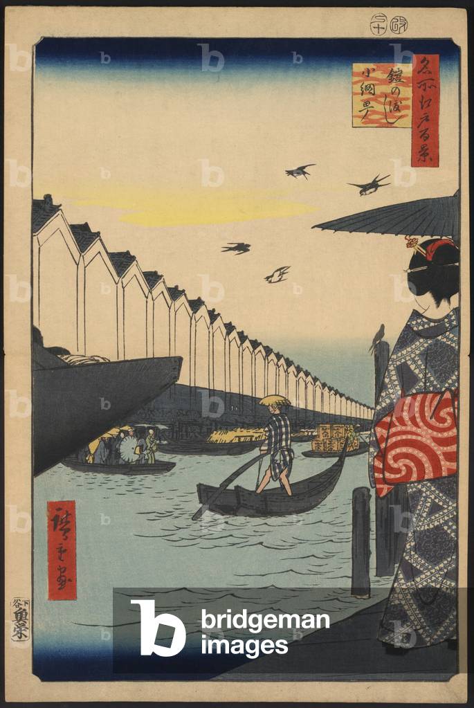 Wharf and warehouses in 19th century Japan, in 1857, shortly after Admiral Perry established an agreement opening trade between the United States and Japan