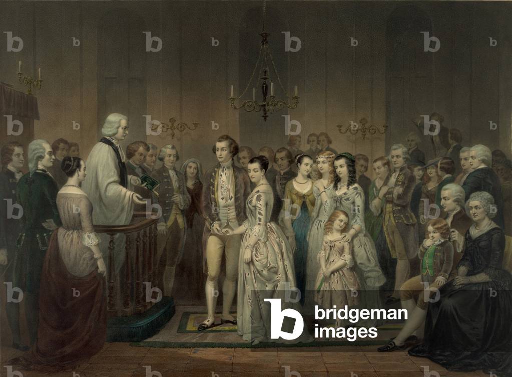 Wedding of George Washington and Martha Dandridge Custis on January 6, 1759 at her estate in Virginia. 1854 lithograph